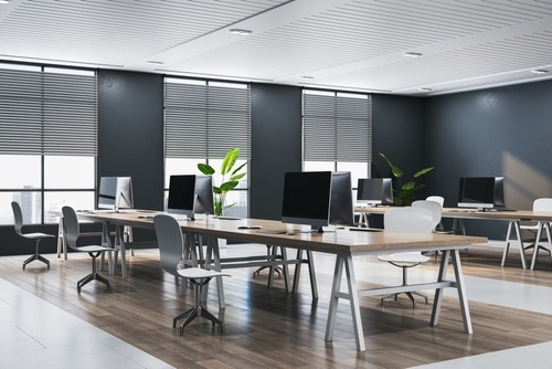Luxury bright wooden and concrete coworking office interior with panoramic window and city view with commercial window treatments and blinds