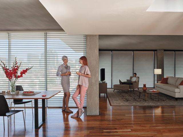 two women standing in a kitchen that has Hunter Douglas Blinds