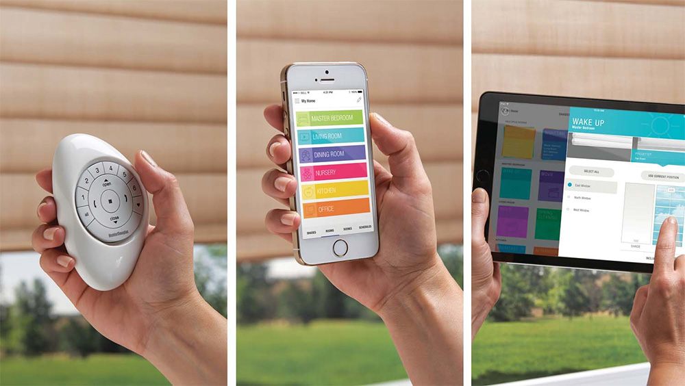 a photo split into three sections showcasing a remote, phone, and tablet displaying how blind motorization works