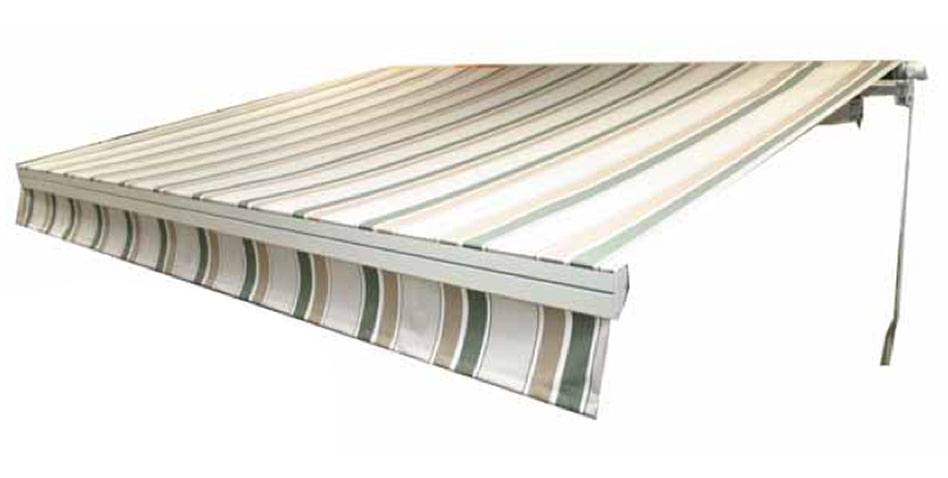 an extended patio awning with grey and green stripes