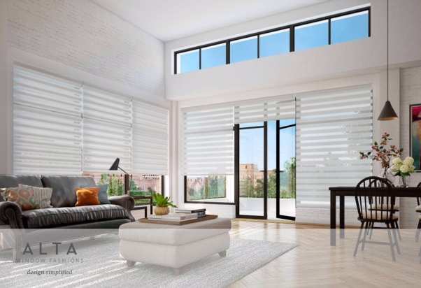 living room rendering with large windows featuring black frames and white window coverings