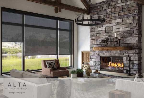 living room with fireplace and large windows with black frames and roller shades