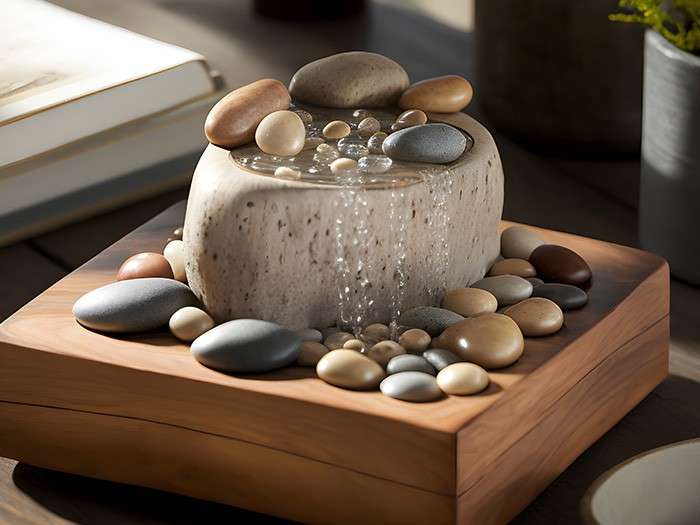 a concrete water feature with rounded stones