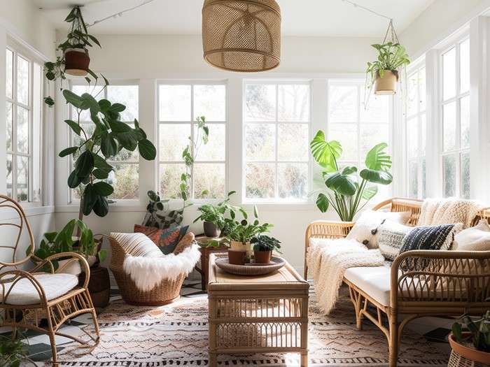 a living room filled with plants