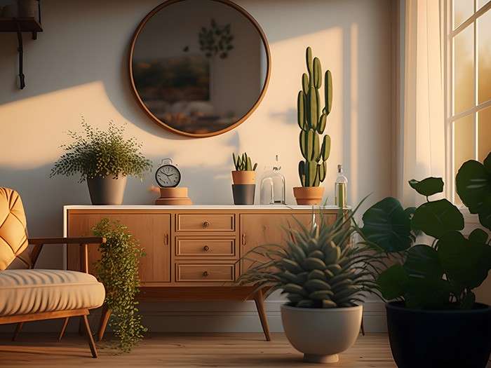 a room with a couch, chair, potted plants and a mirror