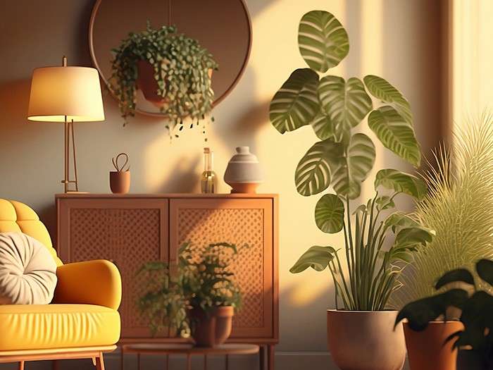 a living room with a yellow chair and potted plants