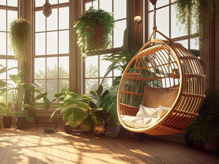 a room with a hanging chair and potted plants