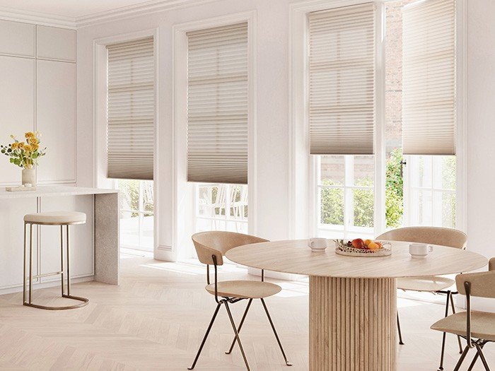 Room filled with furtniture and windows covered with blinds